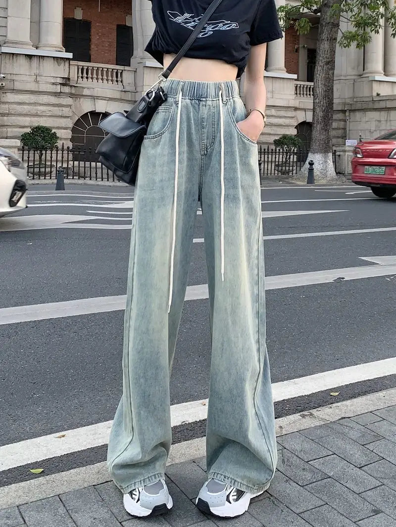 drawstring washed wide leg  jeans