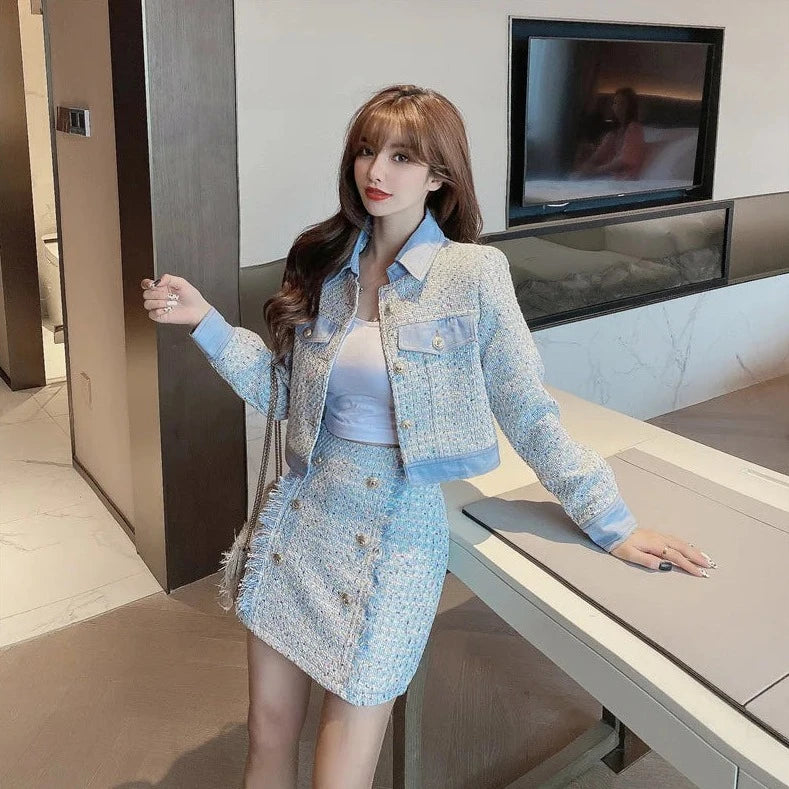 crop top denim stitched short jacket coat + skirts sets