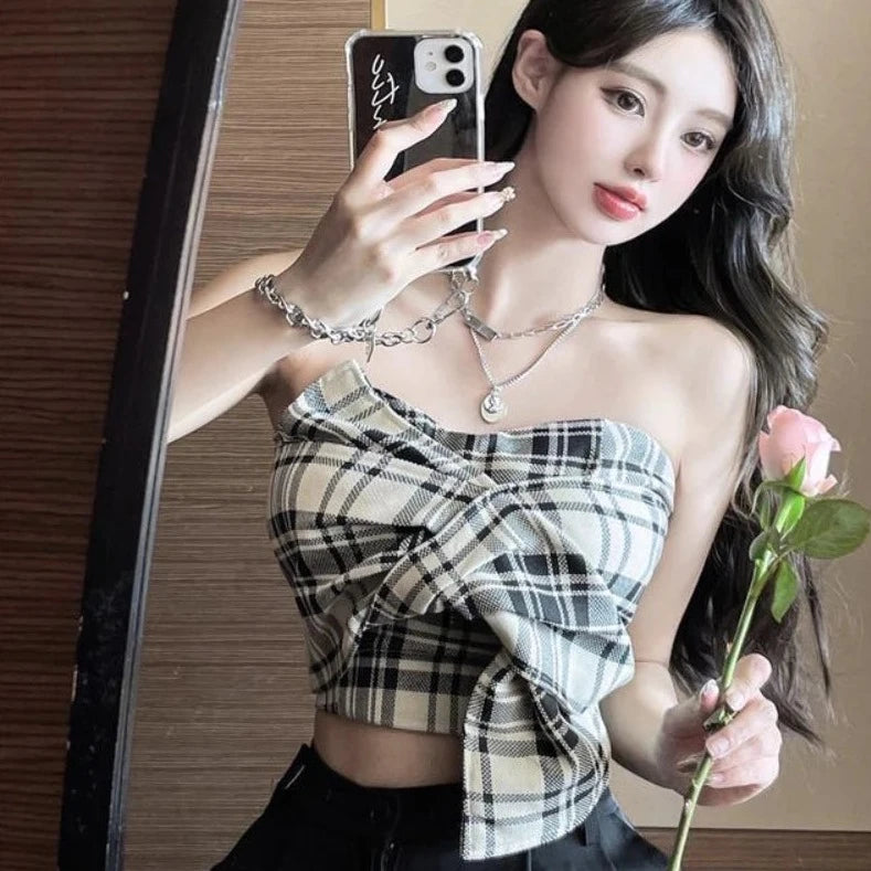 strapless plaid backless crop tops