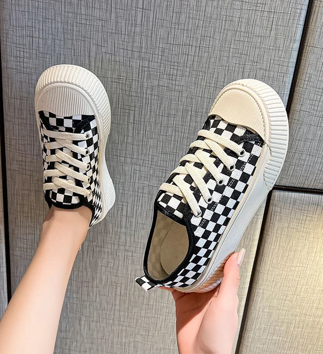 black plaid low canvas sneakers