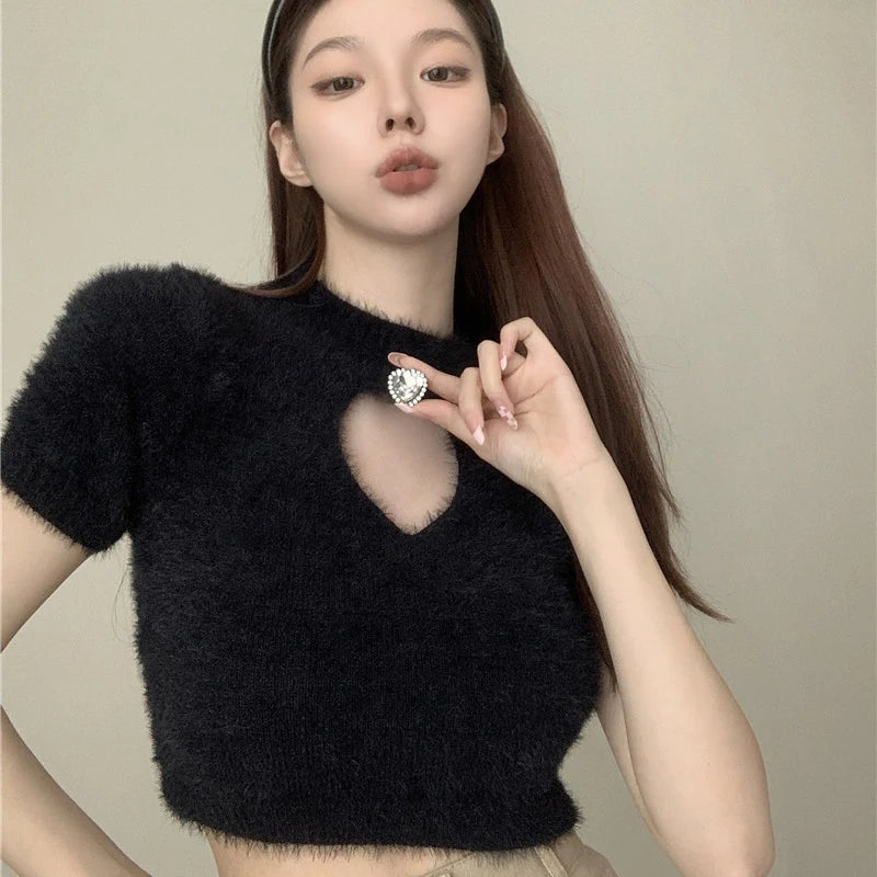 cashmere short sleeve knitted crop tops