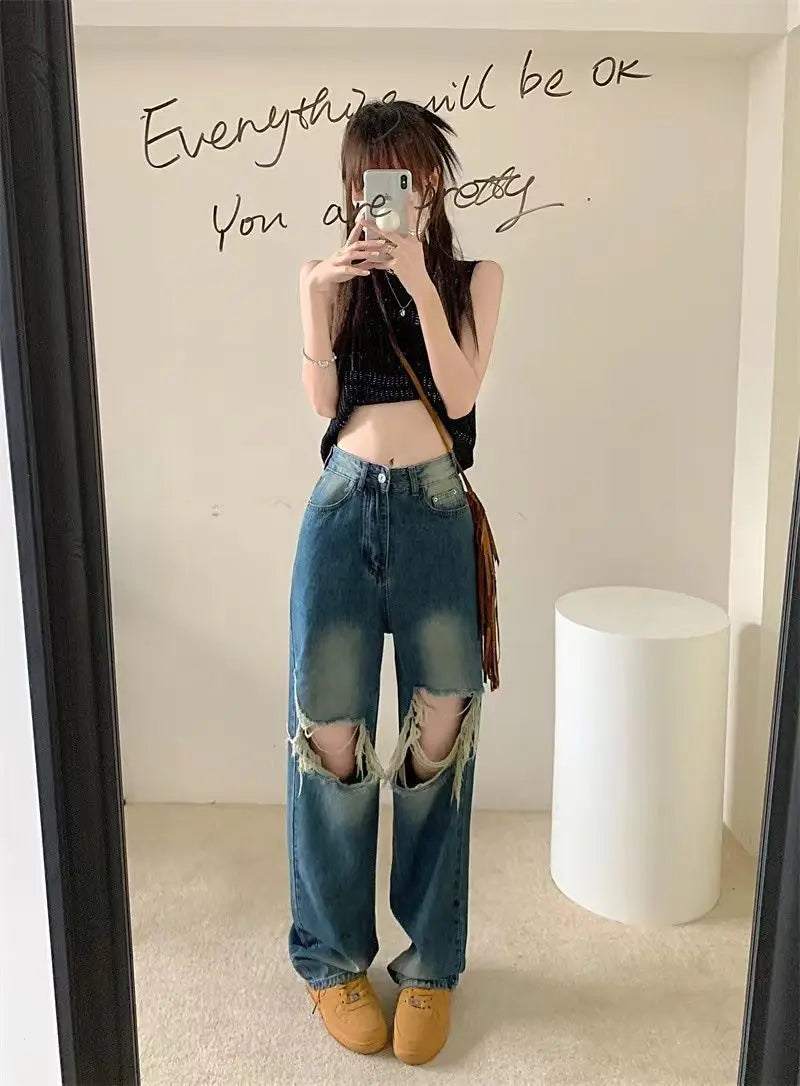 holes ripped vintage wide jeans