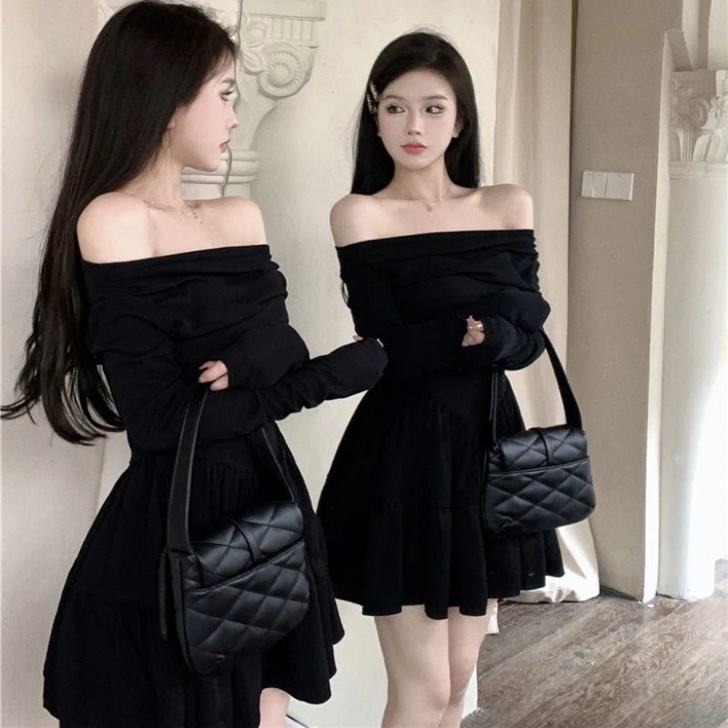 temperament slash neck black dresses