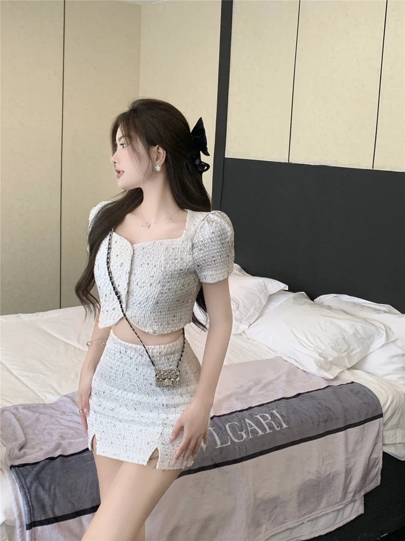 high quality tweed crop top + mini skirt suits