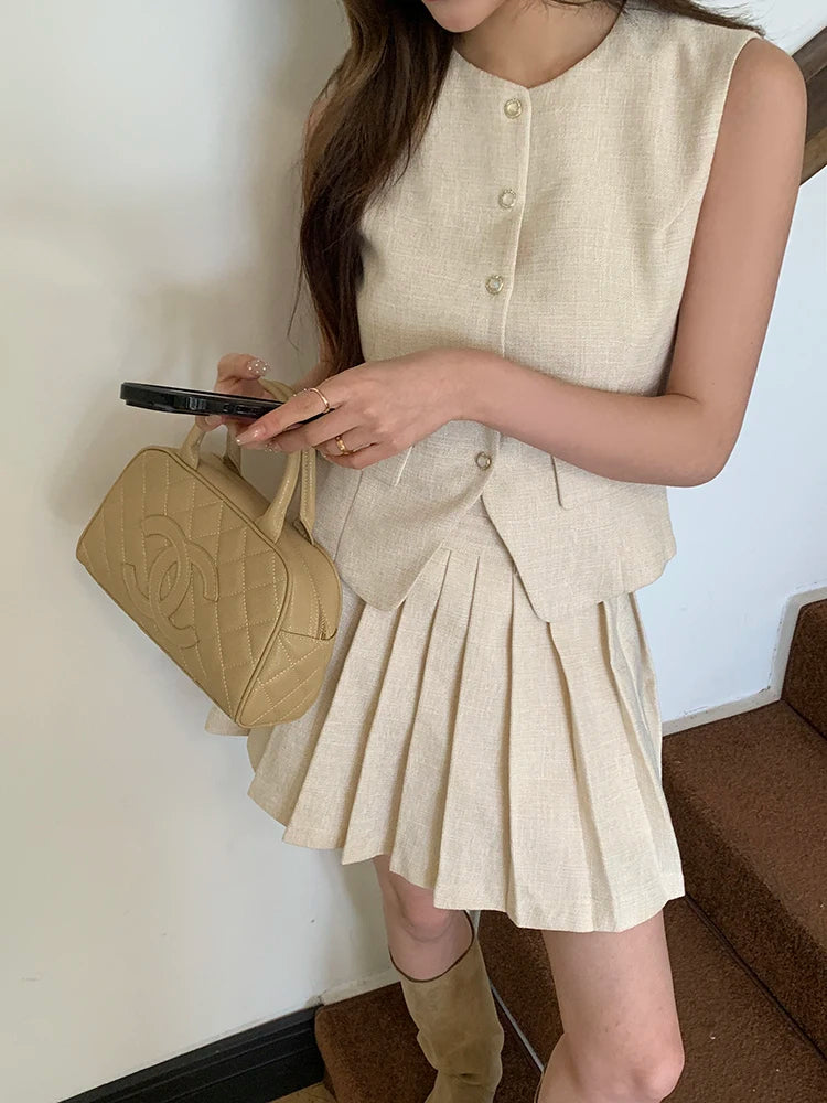 luxury high end vest + pleated skirt sets