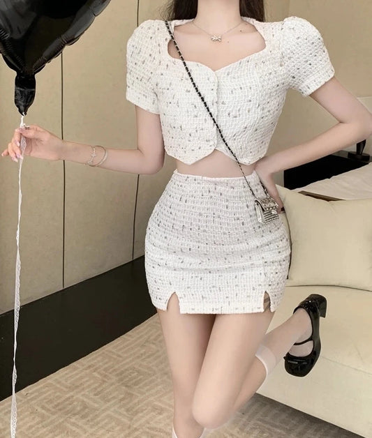 high quality tweed crop top + mini skirt suits