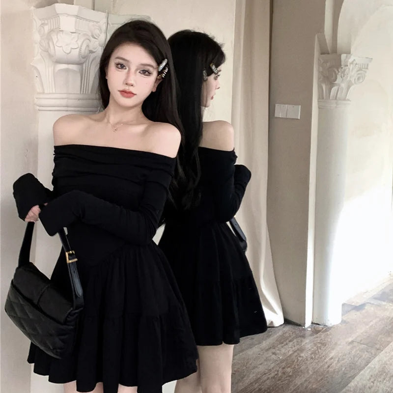 temperament slash neck black dresses