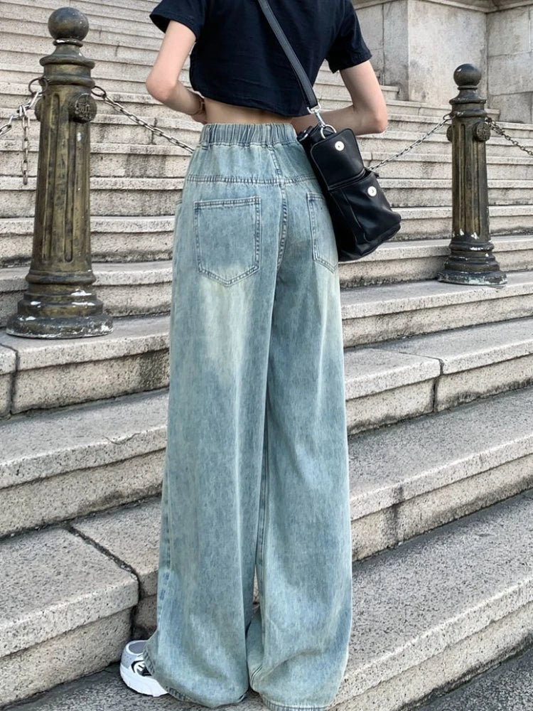 drawstring washed wide leg  jeans