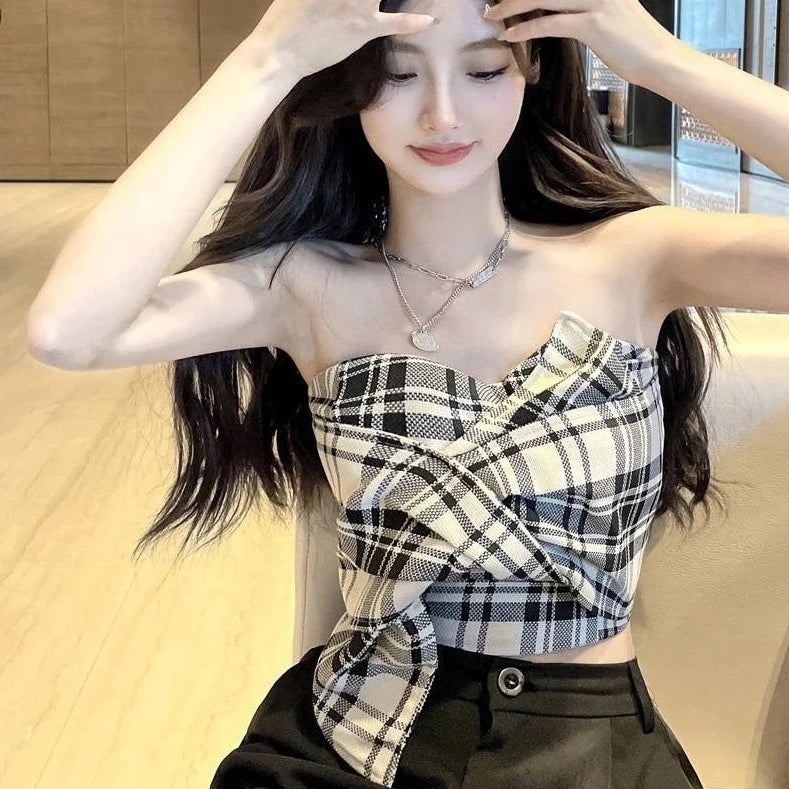 strapless plaid backless crop tops