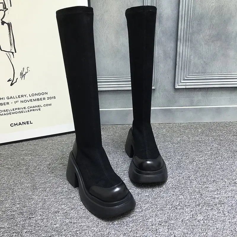 high knee shaft black long boots