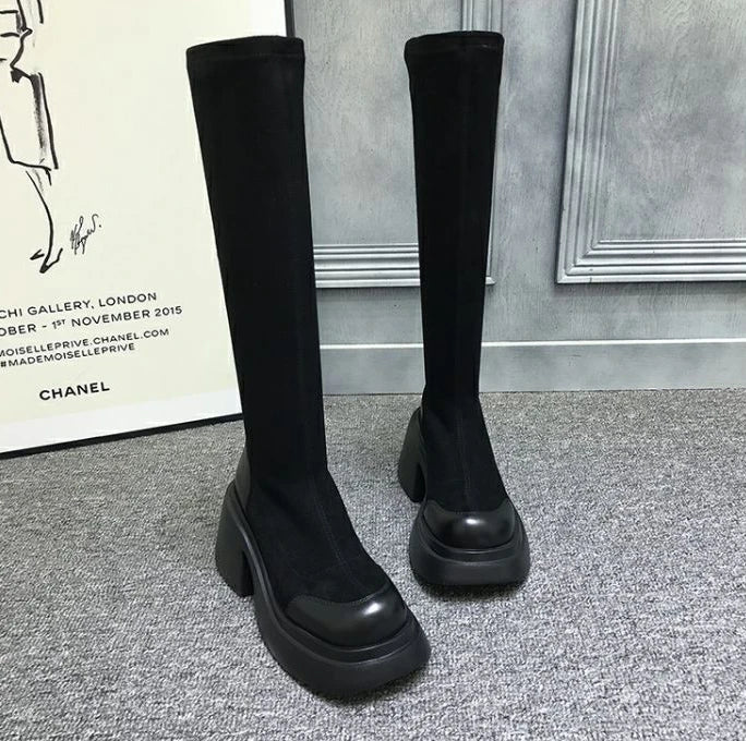 high knee shaft black long boots