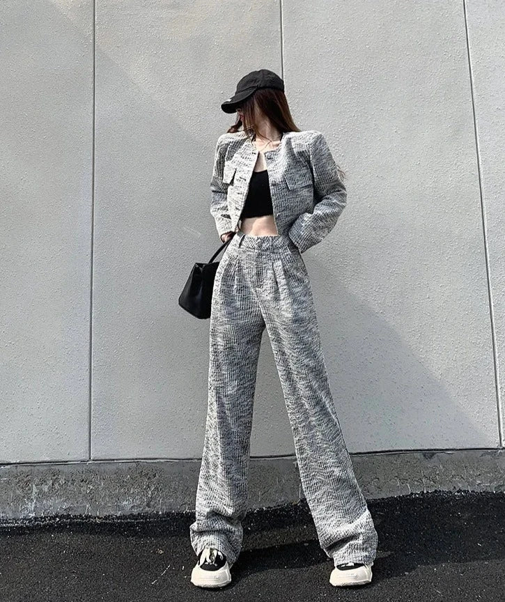 small fragrance tweed  short jacket coat + high waist wide leg pant sets suits