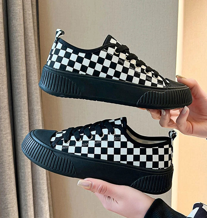 black plaid low canvas sneakers