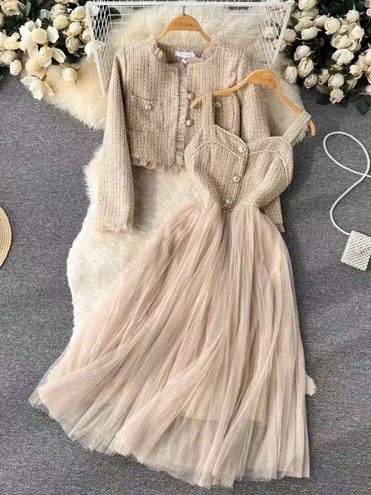 high quality french style luxury short jacket coat + sling sexy long dress suits