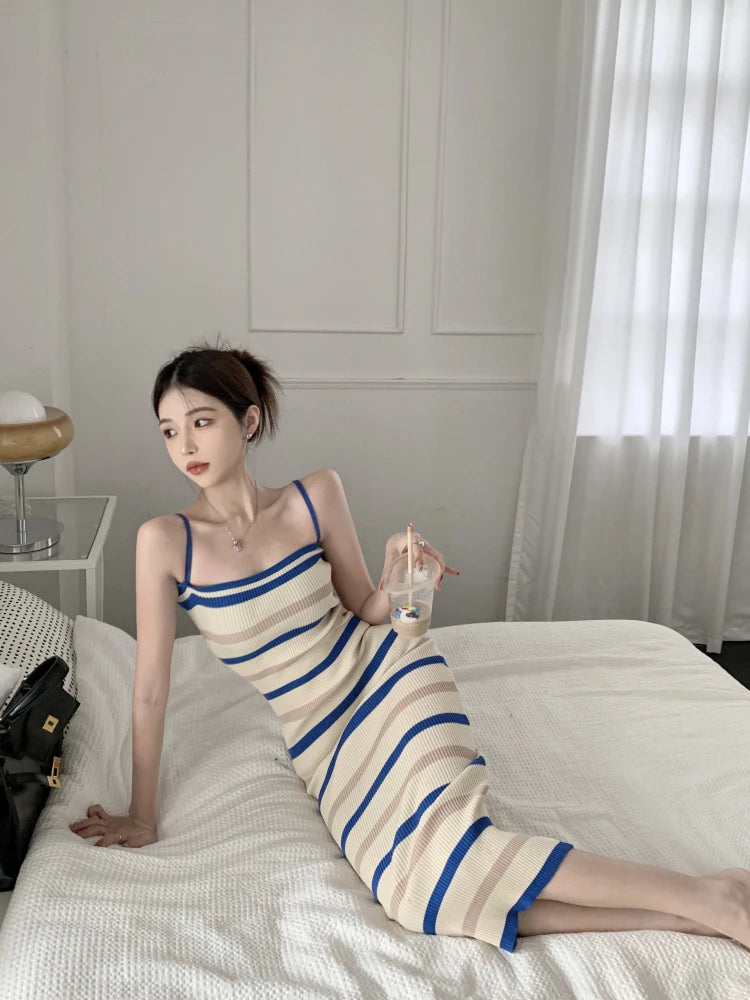 striped knitting midi dresses