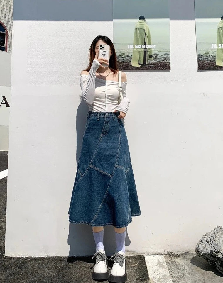 denim trumpet skirts