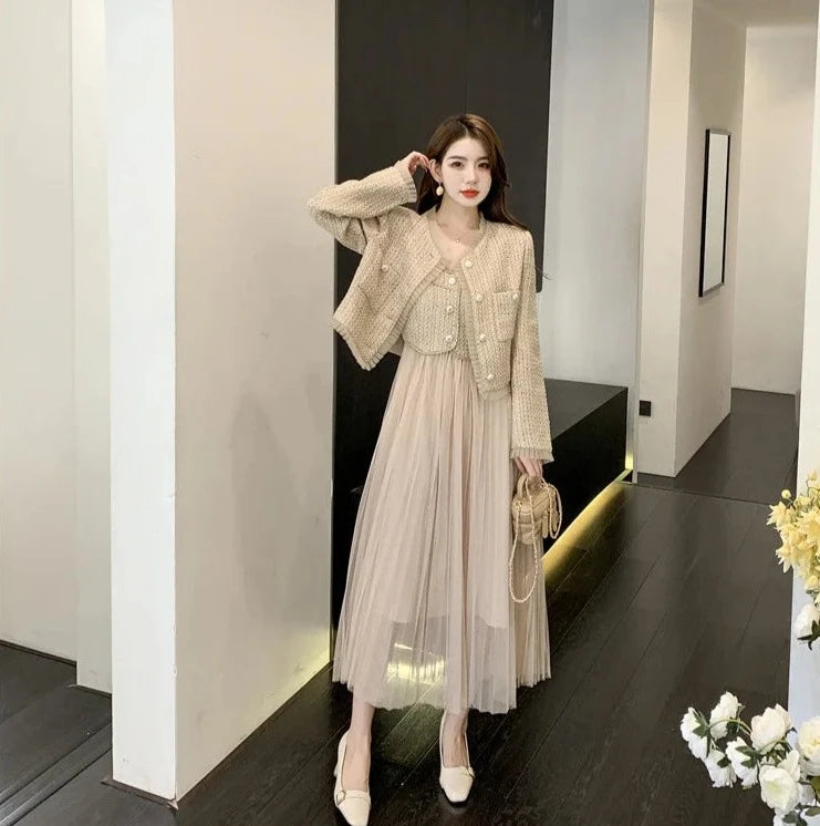 high quality french style luxury short jacket coat + sling sexy long dress suits