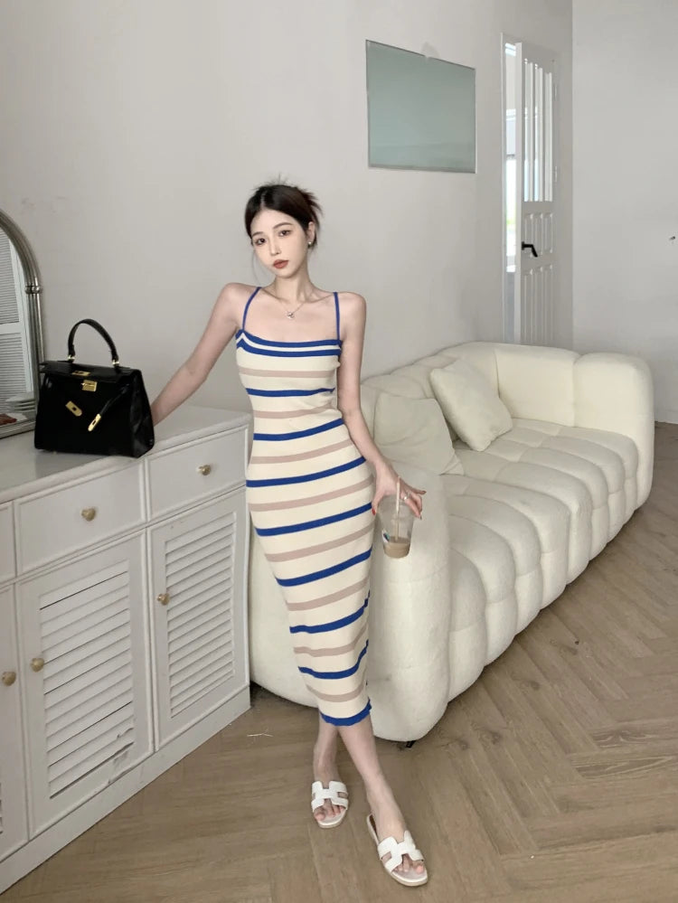 striped knitting midi dresses