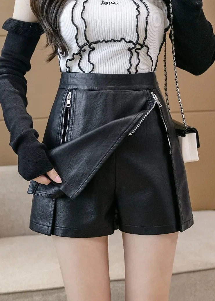 wide-leg hipster black zipper shorts