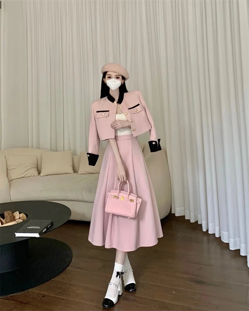 high quality two piece set short jacket coat + long skirt suits