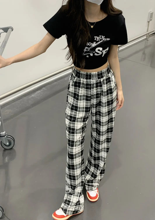 retro black plaid loose pants