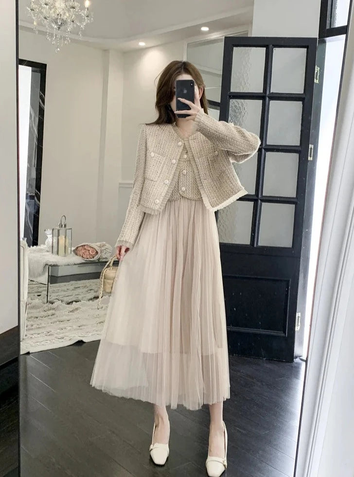 high quality french style luxury short jacket coat + sling sexy long dress suits