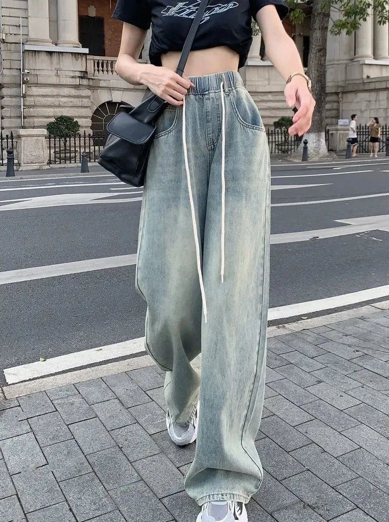 drawstring washed wide leg  jeans