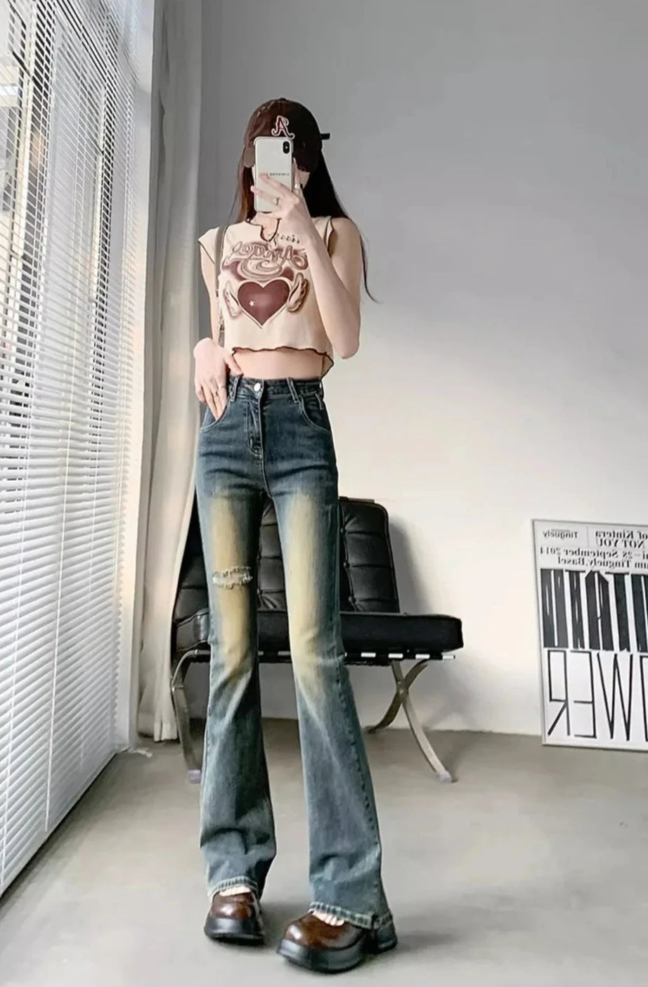 bleached holes flare jeans