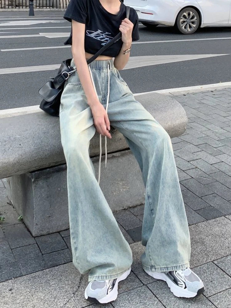 drawstring washed wide leg  jeans