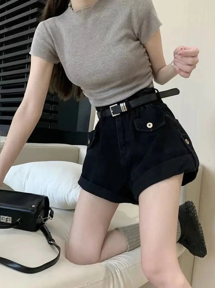 crimping denim shorts