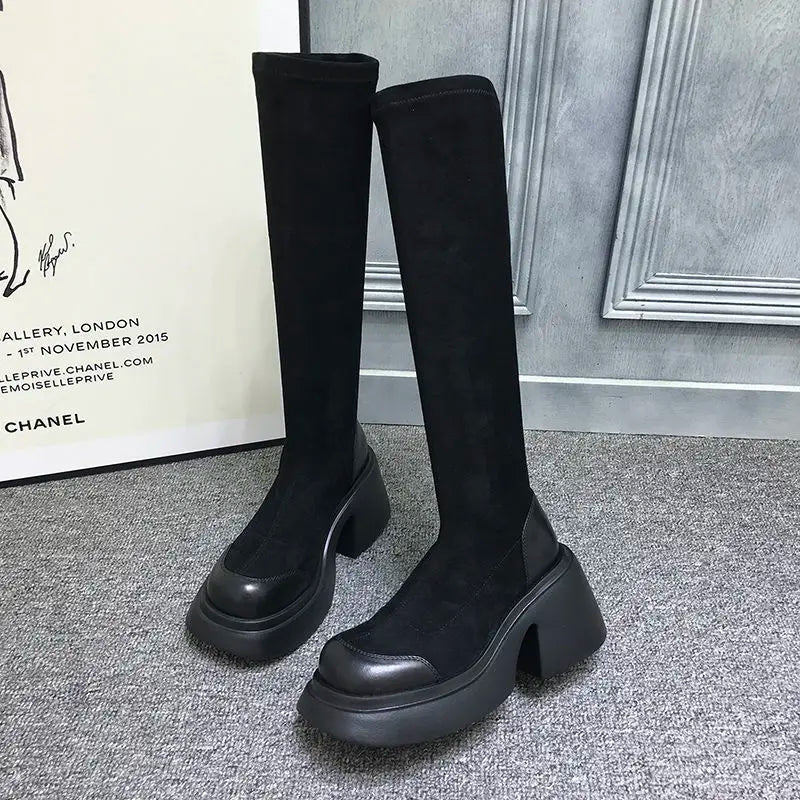 high knee shaft black long boots