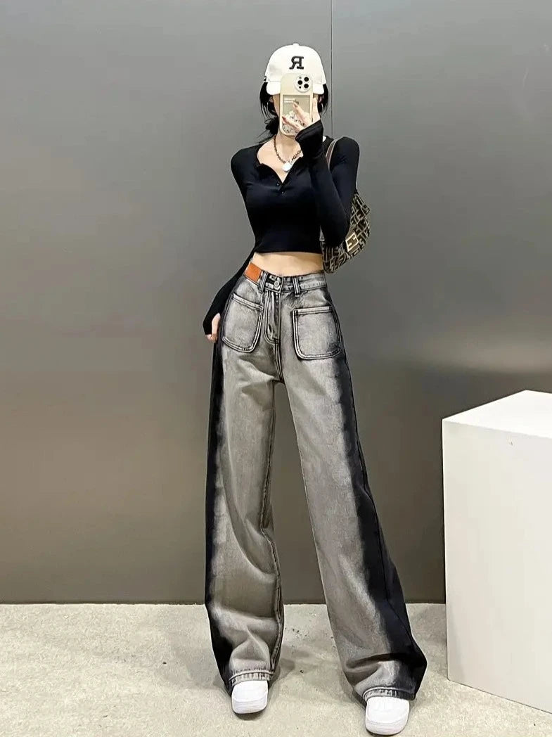 gray-black side stripe jeans