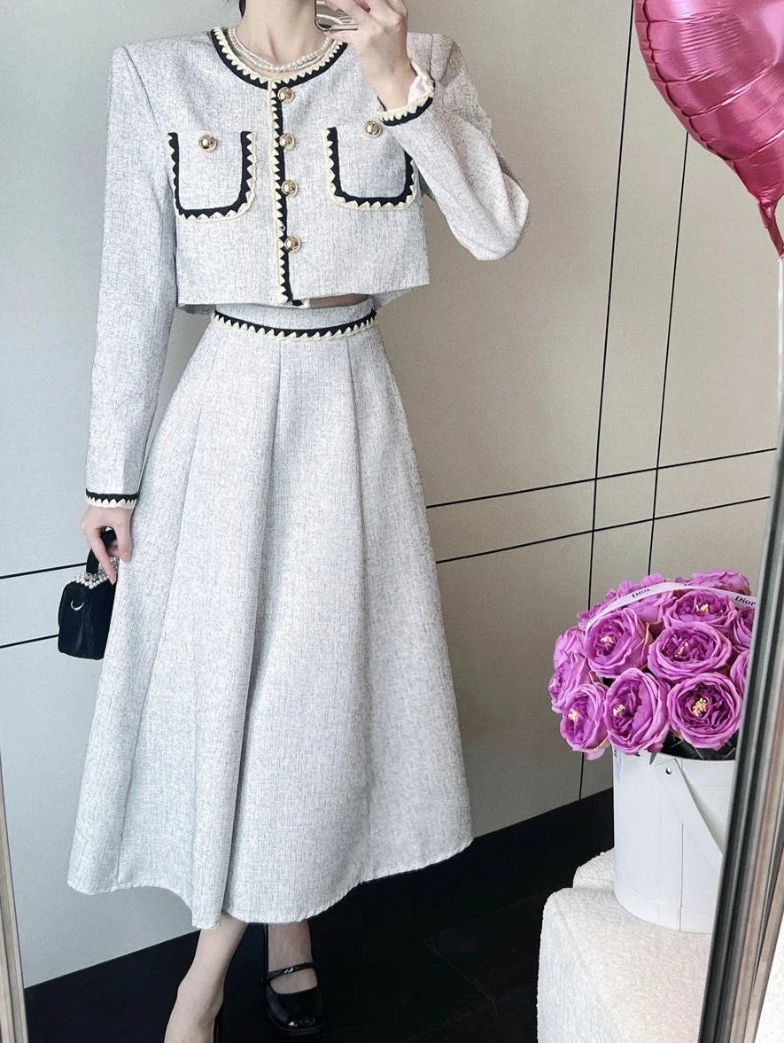 puff sleeve shirt crop top + pleated long skirt suits