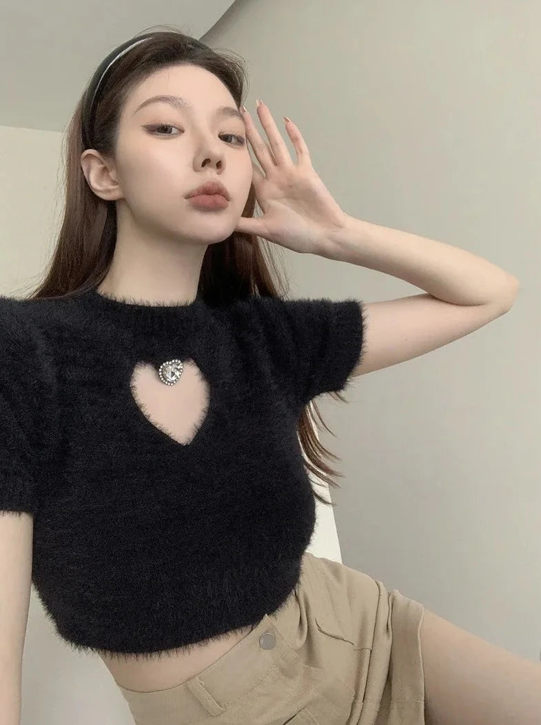 cashmere short sleeve knitted crop tops