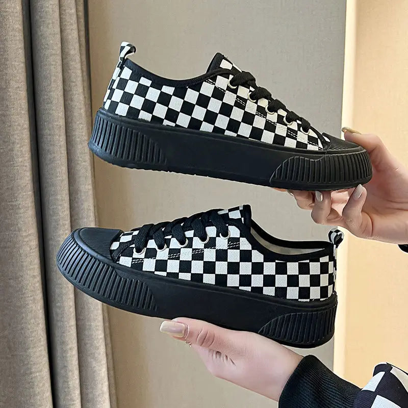 black plaid low canvas sneakers