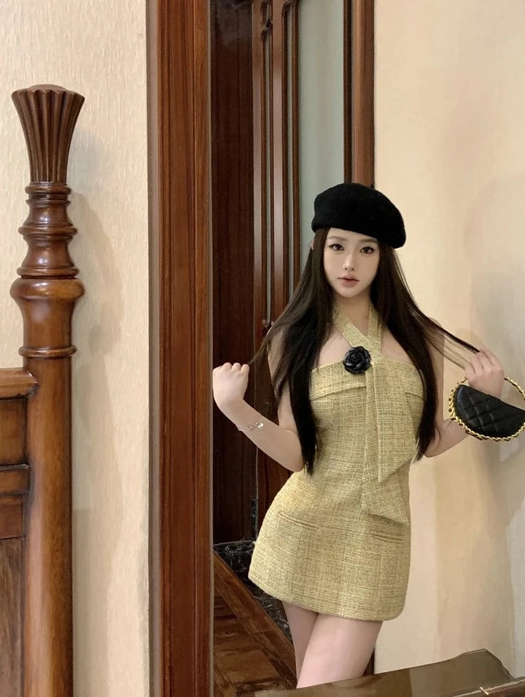 high quality hanging neck tweed mini dresses