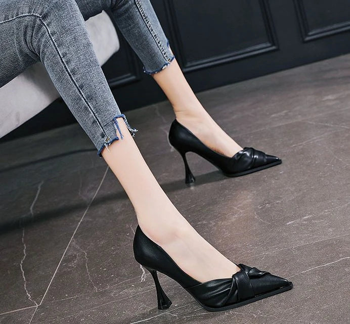 leather casual pointed toe high heels