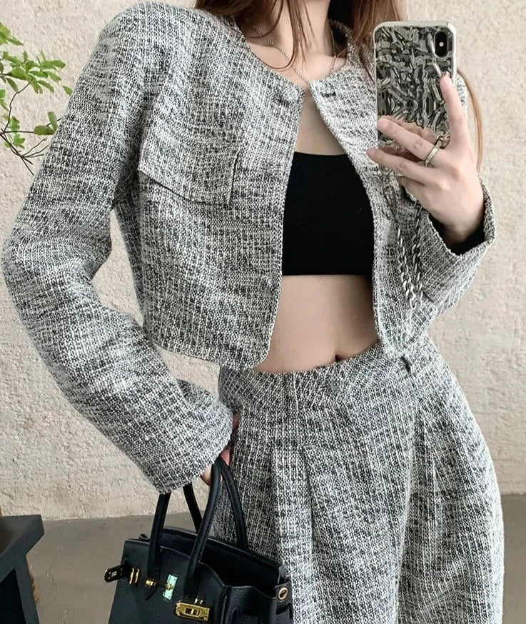 small fragrance tweed  short jacket coat + high waist wide leg pant sets suits