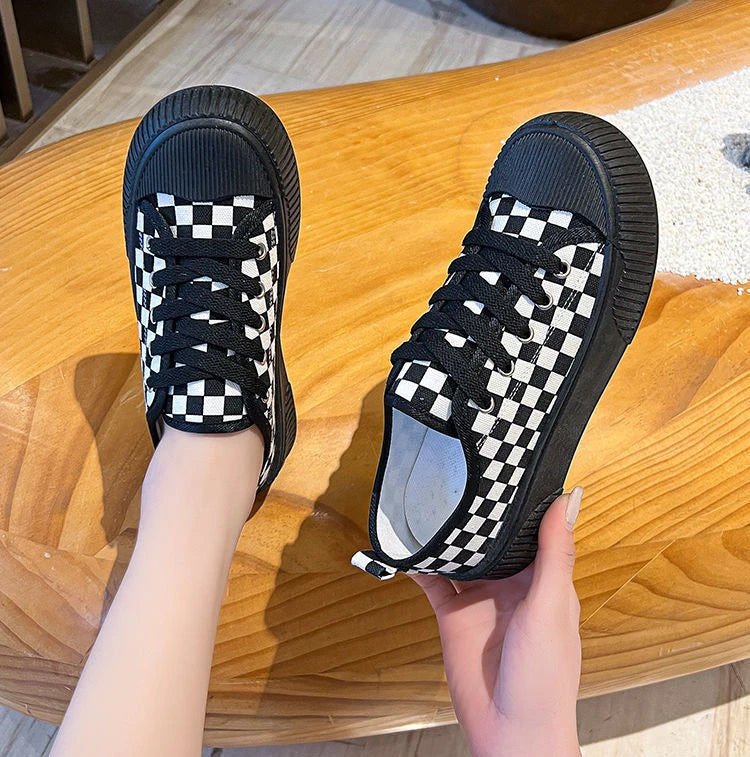 black plaid low canvas sneakers