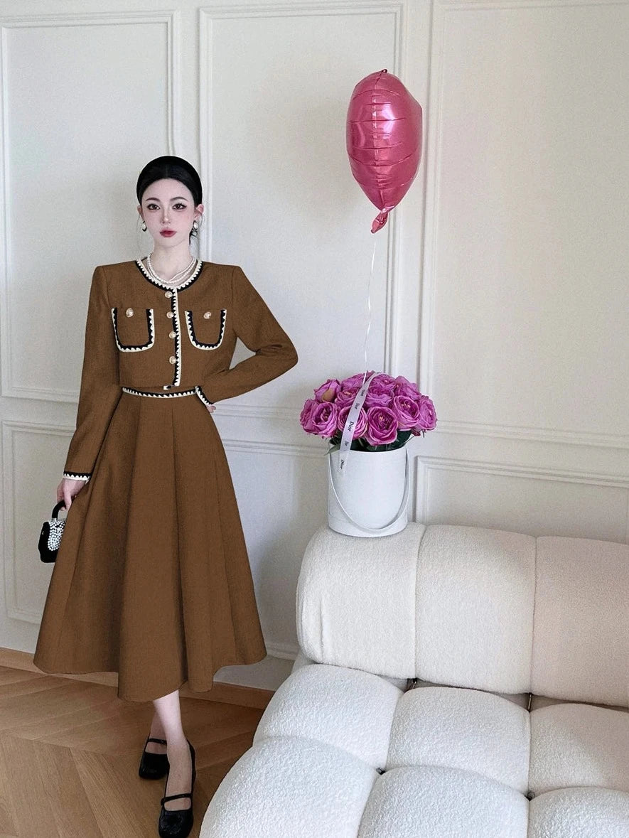 puff sleeve shirt crop top + pleated long skirt suits