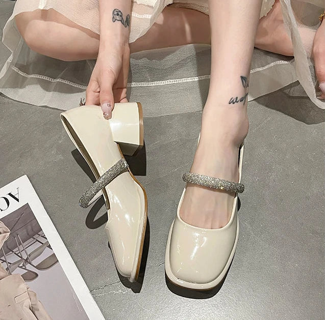 square toe leather casual medium heels