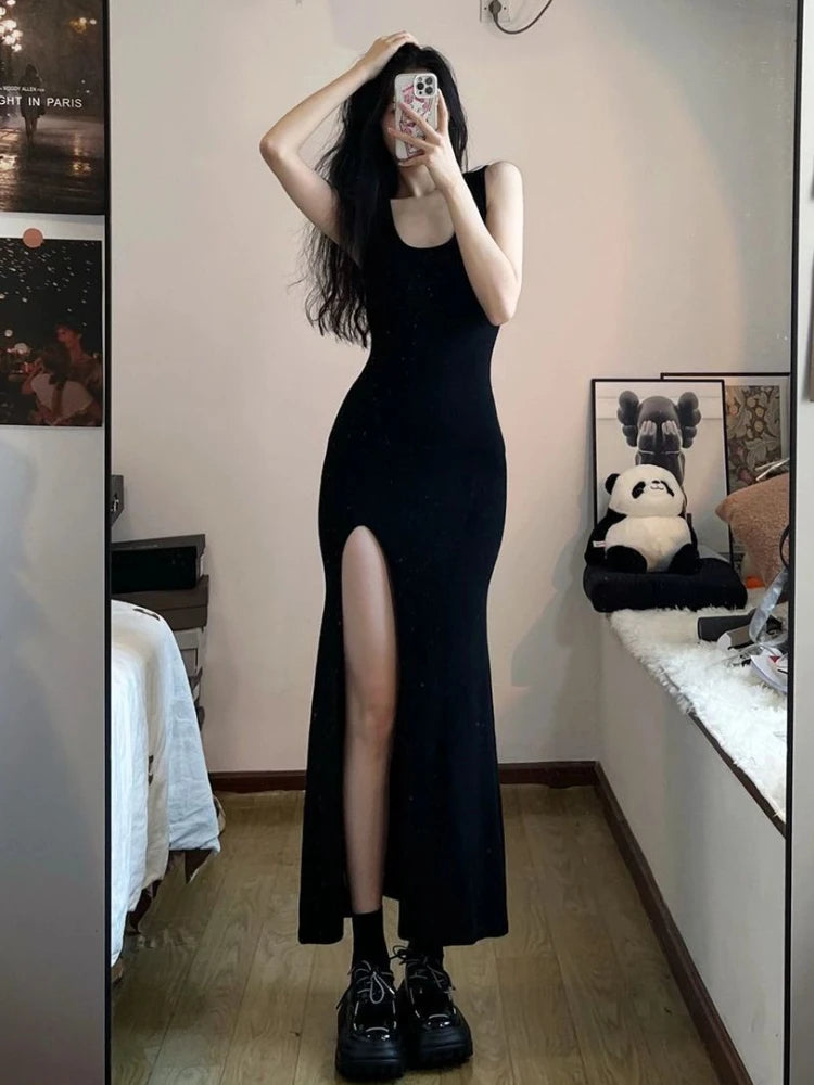 black side slit sleeveless dresses