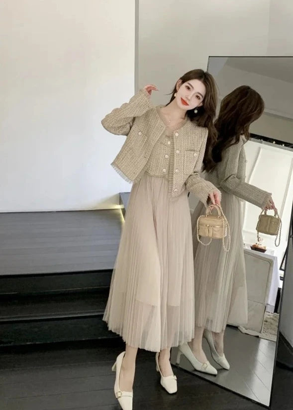 high quality french style luxury short jacket coat + sling sexy long dress suits