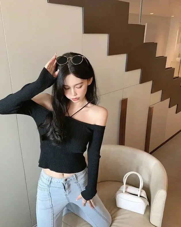 off shoulder neck knit vests