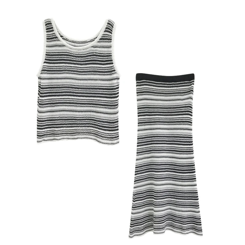 black white gray striped tank top + elastic waist long skirts