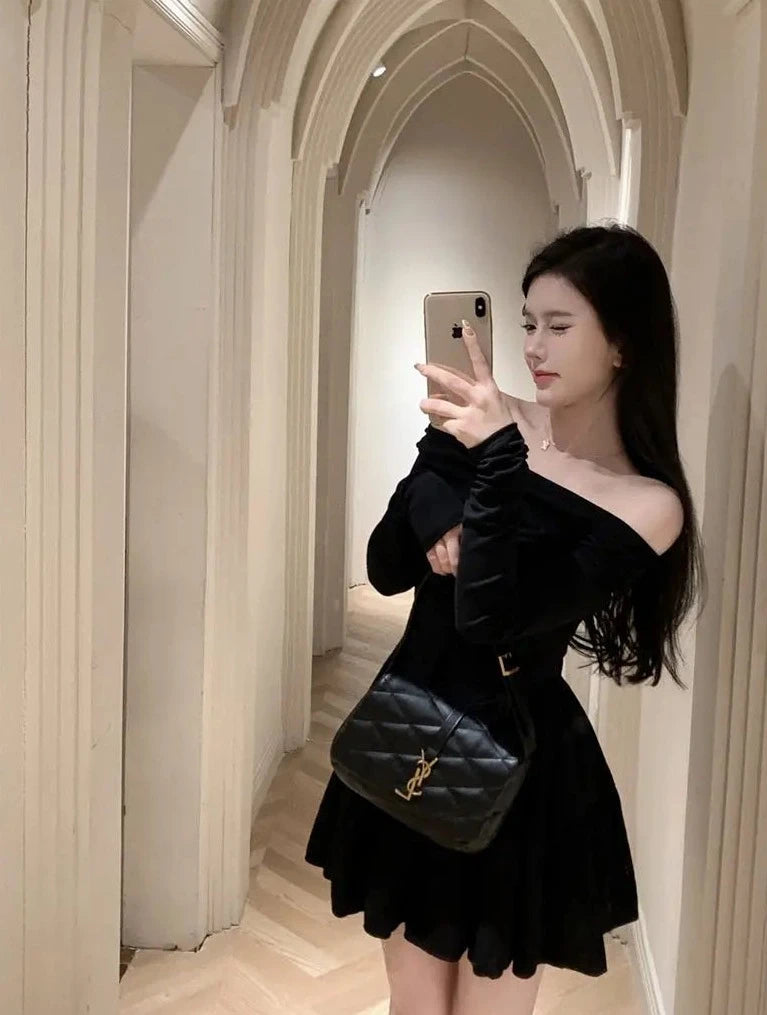 temperament slash neck black dresses