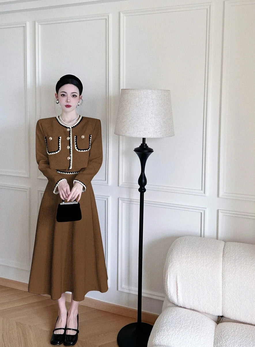 puff sleeve shirt crop top + pleated long skirt suits