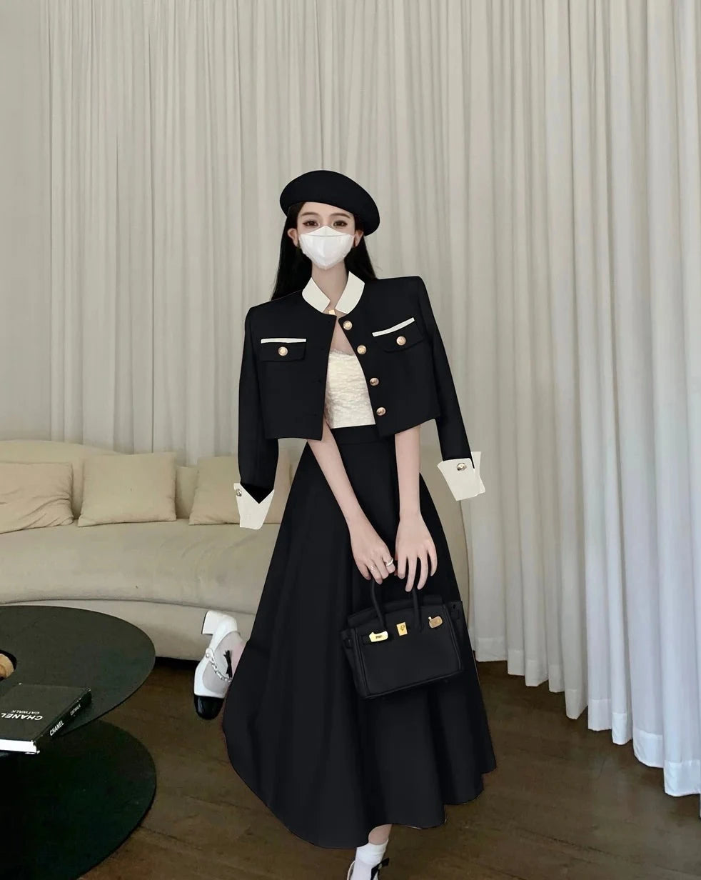 high quality two piece set short jacket coat + long skirt suits