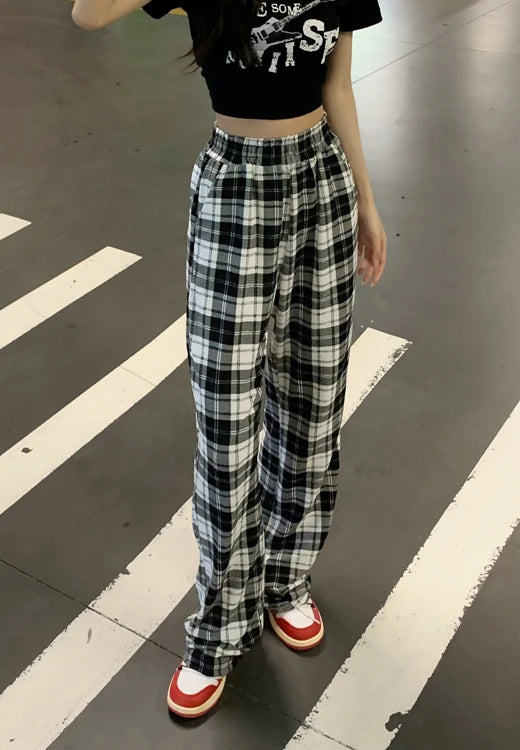 retro black plaid loose pants