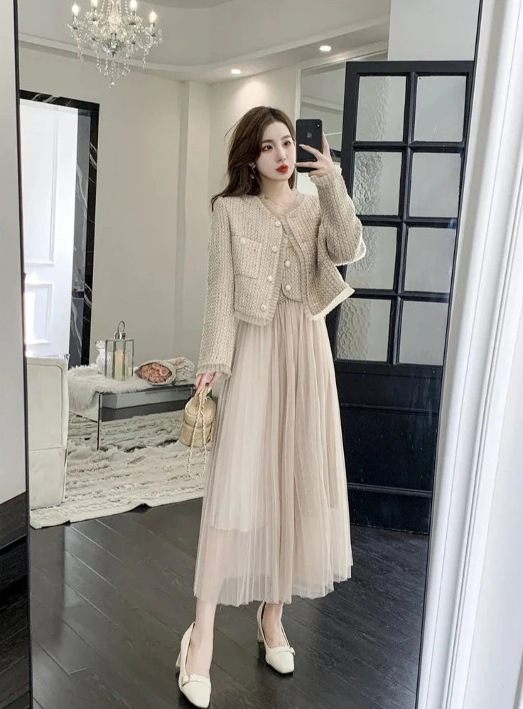 high quality french style luxury short jacket coat + sling sexy long dress suits